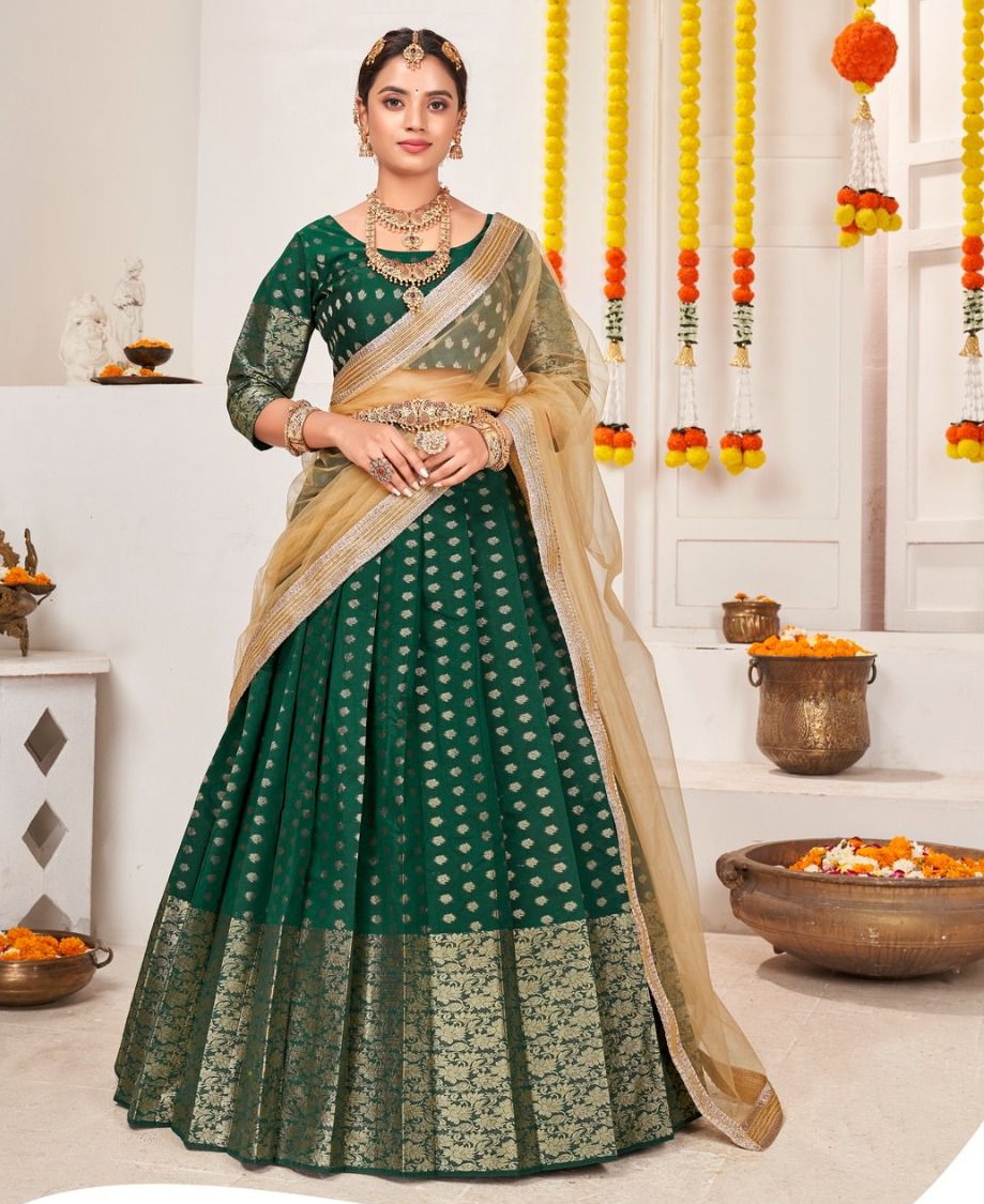 Buy Seafoam Green To Dark Green Banarasi Designer Traditional Half Saree  lehenga collection