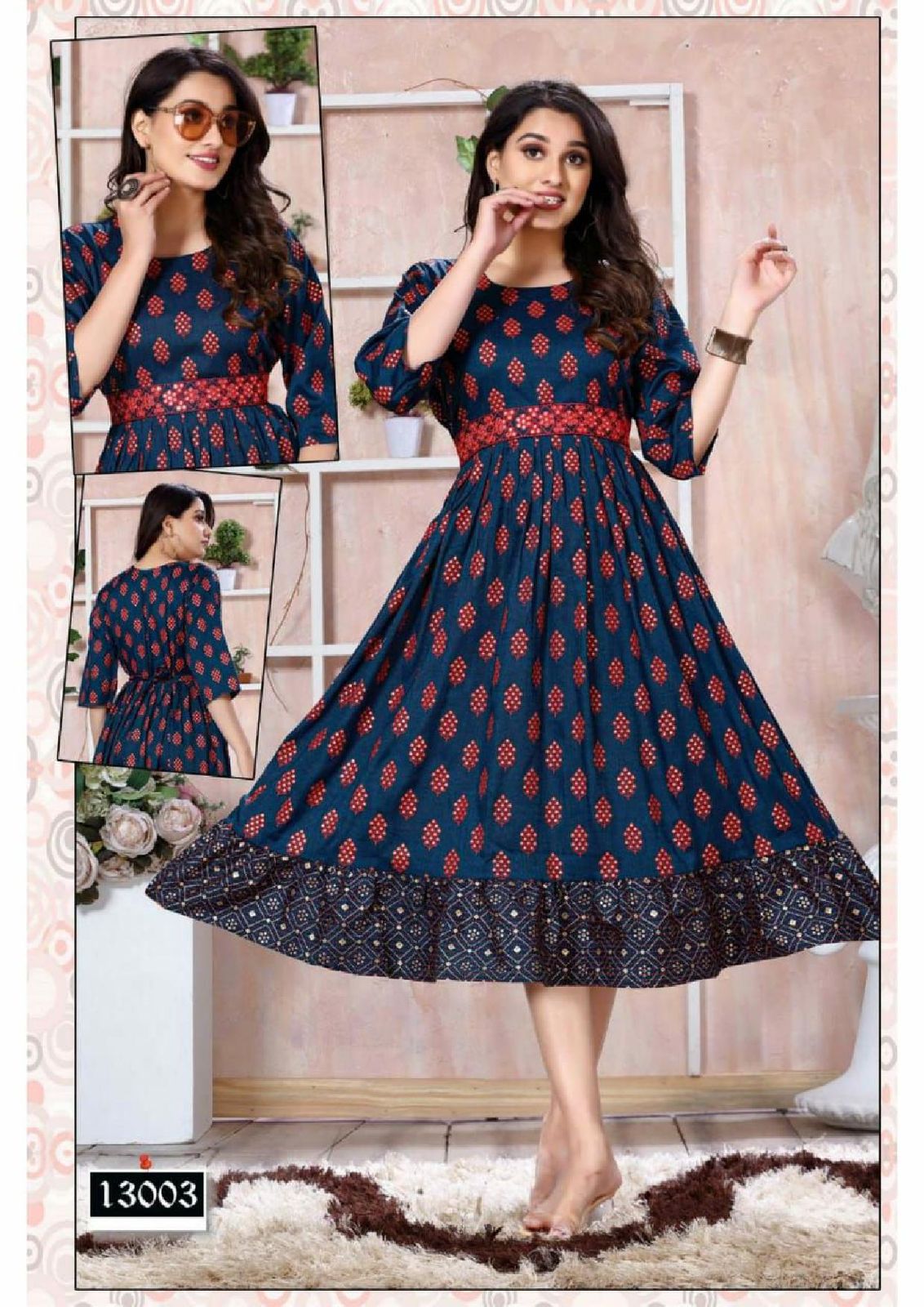 Buy madhuram textiles Rayon A-Line Long Kurti with Double Layer and 3/4th  Sleeve Fully Stitched Plain Printed Round Neck Stylish Gown for Women  (M-2071 L_Pink_Large) at Amazon.in