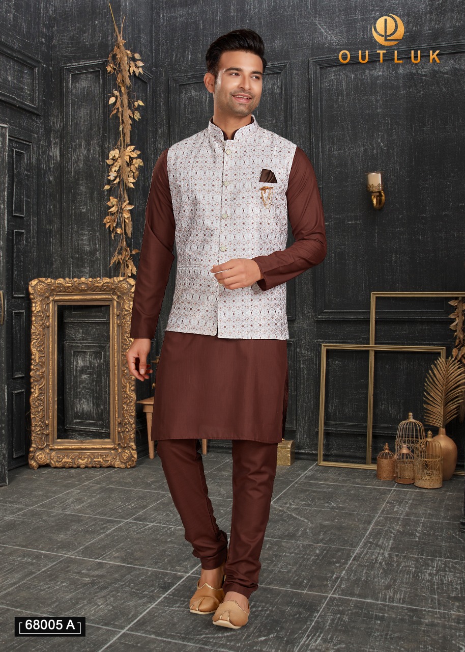 Party Wear Mens Silk Kurta Pajama and Nehru Jacket Set