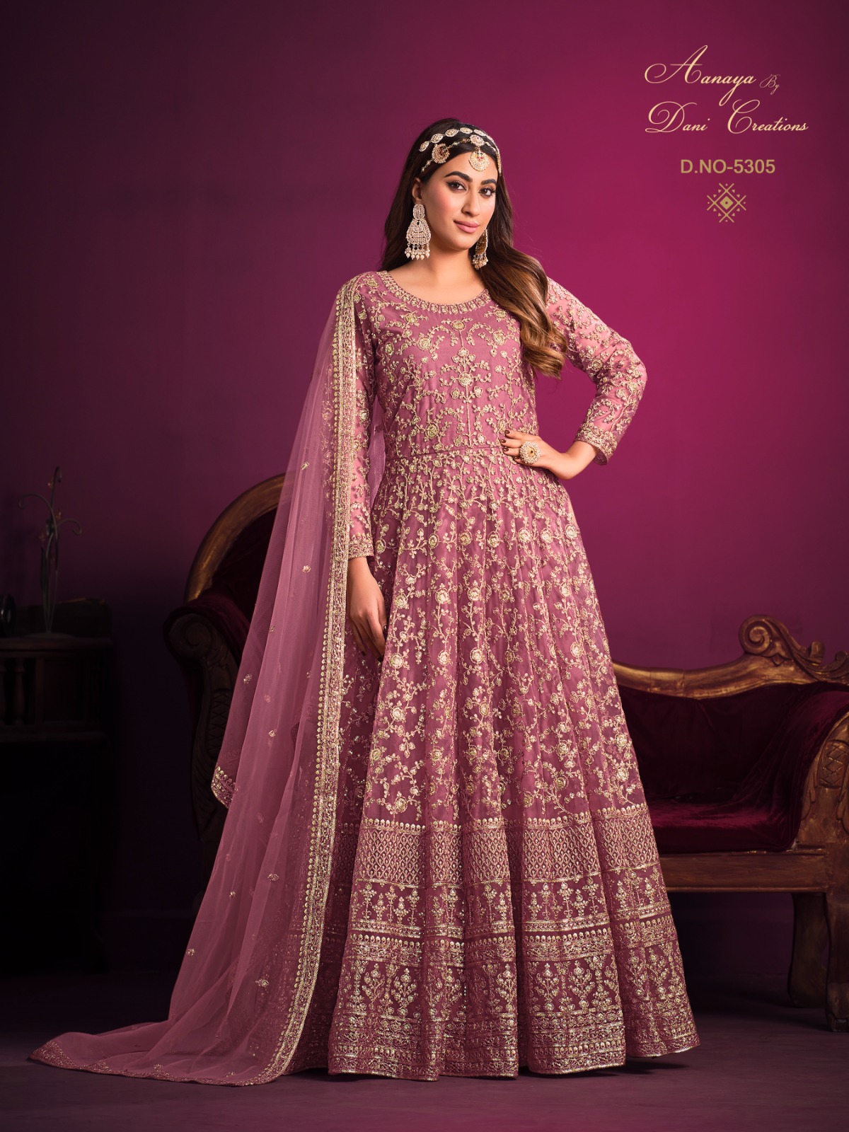 Embroidered Net Gown in Wine : TUY209